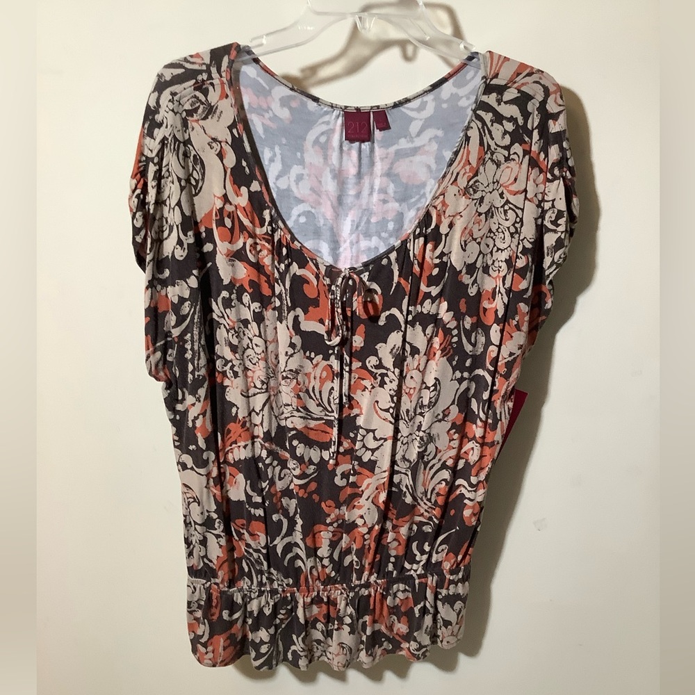 212 Collection rushed sleeve keyhole front with tie & peplum Fall colors NWT LG